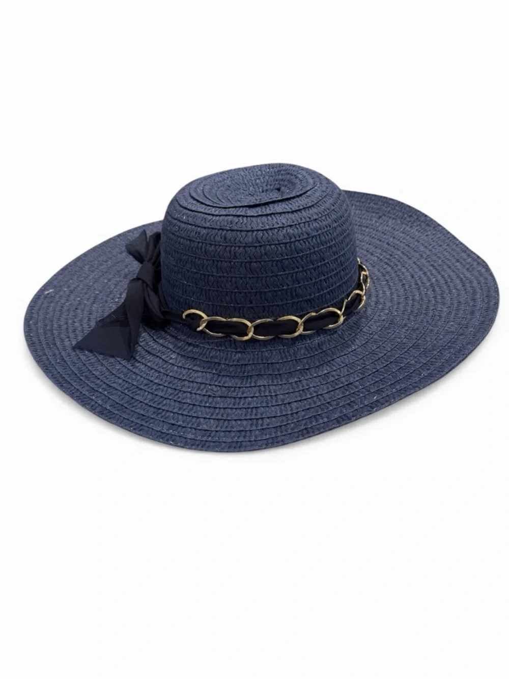 Navy Straw Sun Hat with Gold Chain and Bow